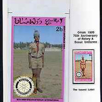 Oman 1980 75th Anniversary of Rotary - original artwork for 2b value (Scout Uniform of India) comprising coloured illustration mounted on board with lettering on tracing-paper overlay, plus issued stamp