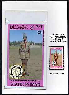 Oman 1980 75th Anniversary of Rotary - original artwork for 2b value (Scout Uniform of India) comprising coloured illustration mounted on board with lettering on tracing-paper overlay, plus issued stamp
