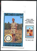 Oman 1980 75th Anniversary of Rotary - original artwork for 3b value (Scout Uniform of Singapore) comprising coloured illustration mounted on board with lettering on tracing-paper overlay, plus issued stamp
