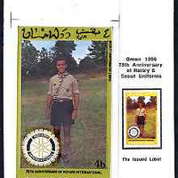 Oman 1980 75th Anniversary of Rotary - original artwork for 4b value (Scout Uniform of Libya) comprising coloured illustration mounted on board with lettering on tracing-paper overlay, plus issued stamp