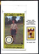 Oman 1980 75th Anniversary of Rotary - original artwork for 4b value (Scout Uniform of Libya) comprising coloured illustration mounted on board with lettering on tracing-paper overlay, plus issued stamp