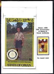 Oman 1980 75th Anniversary of Rotary - original artwork for 4b value (Scout Uniform of Libya) comprising coloured illustration mounted on board with lettering on tracing-paper overlay, plus issued stamp