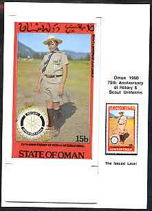 Oman 1980 75th Anniversary of Rotary - original artwork for 15b value (Scout Uniform of Guatemala) comprising coloured illustration mounted on board with lettering on tracing-paper overlay, plus issued stamp
