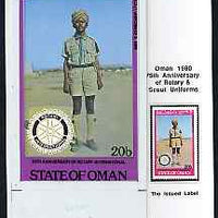 Oman 1980 75th Anniversary of Rotary - original artwork for 20b value (Scout Uniform of Sudan) comprising coloured illustration mounted on board with lettering on tracing-paper overlay, plus issued stamp
