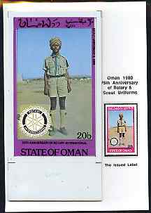 Oman 1980 75th Anniversary of Rotary - original artwork for 20b value (Scout Uniform of Sudan) comprising coloured illustration mounted on board with lettering on tracing-paper overlay, plus issued stamp