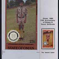 Oman 1980 75th Anniversary of Rotary - original artwork for 25b value (Scout Uniform of Pakistan) comprising coloured illustration mounted on board with lettering on tracing-paper overlay, plus issued stamp