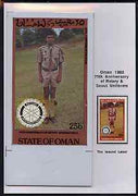 Oman 1980 75th Anniversary of Rotary - original artwork for 25b value (Scout Uniform of Pakistan) comprising coloured illustration mounted on board with lettering on tracing-paper overlay, plus issued stamp