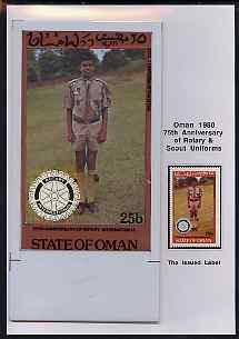 Oman 1980 75th Anniversary of Rotary - original artwork for 25b value (Scout Uniform of Pakistan) comprising coloured illustration mounted on board with lettering on tracing-paper overlay, plus issued stamp