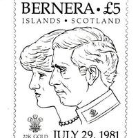 Bernera 1981 Royal Wedding originalmpen & ink artwork on white card showing Charles & Diana intended for the £5 stamp embossed in gold foil, image design 72 x 95 mm