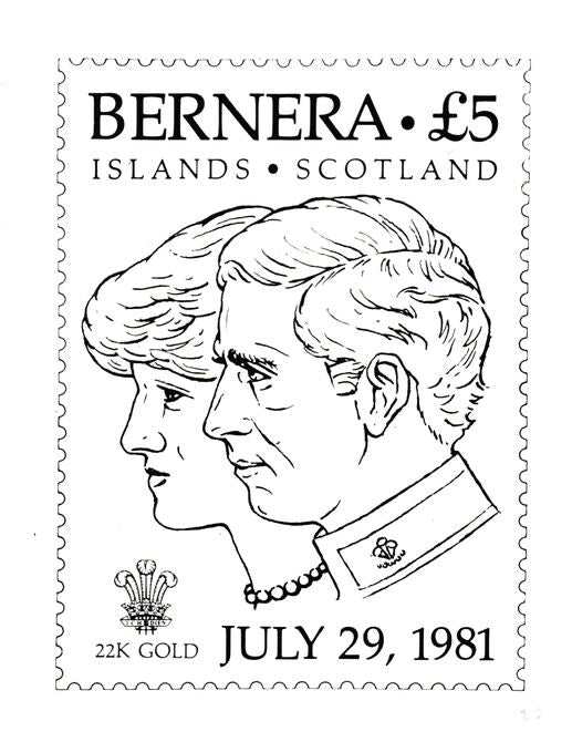Bernera 1981 Royal Wedding originalmpen & ink artwork on white card showing Charles & Diana intended for the £5 stamp embossed in gold foil, image design 72 x 95 mm