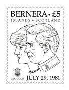 Bernera 1981 Royal Wedding originalmpen & ink artwork on white card showing Charles & Diana intended for the £5 stamp embossed in gold foil, image design 72 x 95 mm