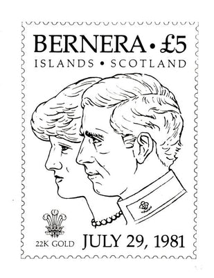 Bernera 1981 Royal Wedding originalmpen & ink artwork on white card showing Charles & Diana intended for the £5 stamp embossed in gold foil, image design 72 x 95 mm