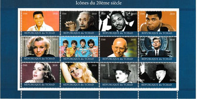 Chad 1018 Icons of 20th Century perf sheet containing 12 values unmounted mint. Note this item is privately produced and is offered purely on its thematic appeal. .