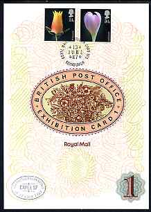 Great Britain 1987 Flower Photographs, the 31p & 34p values on Royal Mail Exhibition Card No.1 cancelled 13 June in Edinburgh plus special CAPEX cancellation with French text.