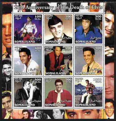 Somaliland 2002 25th Death Anniversary of Elvis Presley #1 perf sheetlet containing 9 values, unmounted mint. Note this item is privately produced and is offered purely on its thematic appeal