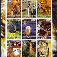 Congo 2002 Owls imperf sheetlet containing 9 values each with Rotary Logo unmounted mint