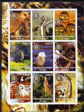 Congo 2002 Owls imperf sheetlet containing 9 values each with Rotary Logo unmounted mint