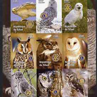 Chad 2004 Owls imperf sheetlet containing 9 values each with Rotary or Lions Int Logos unmounted mint