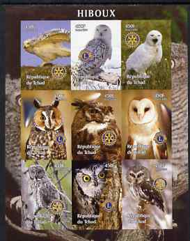 Chad 2004 Owls imperf sheetlet containing 9 values each with Rotary or Lions Int Logos unmounted mint