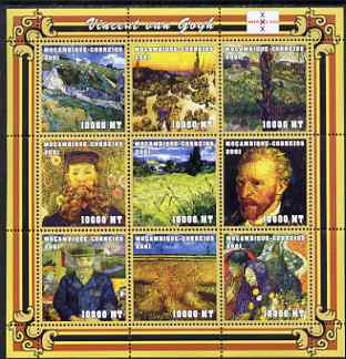 Mozambique 2001 Paintings by Vincent Van Gogh perf sheetlet containing 9 values unmounted mint with Amphilex Imprint (9 x 10,000 MT) Mi 2043-51, Sc 1488