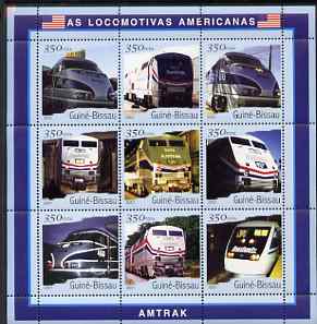 Guinea - Bissau 2001 Locomotives - Amtrak perf sheetlet containing 9 values (350 FCFA) unmounted mint Mi 1800-08