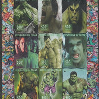 Chad 2018 Tribute to Stan Lee - Incredible Hulk perf sheetlet containing 9 values unmounted mint. Note this item is privately produced and is offered purely on its thematic appeal.