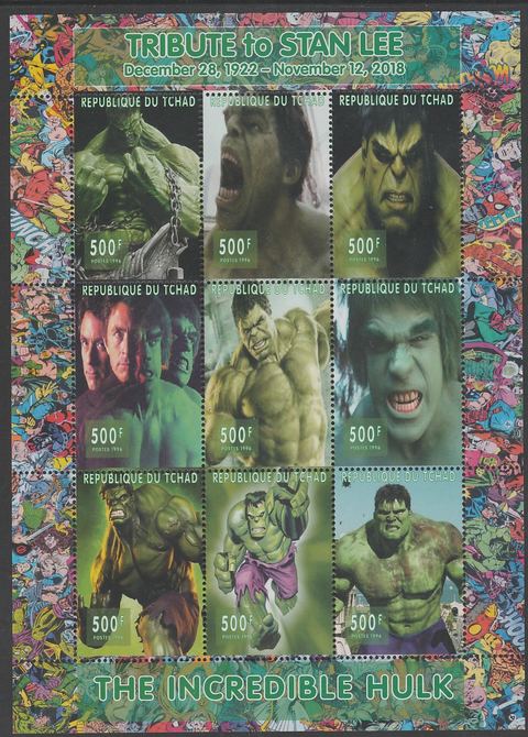 Chad 2018 Tribute to Stan Lee - Incredible Hulk perf sheetlet containing 9 values unmounted mint. Note this item is privately produced and is offered purely on its thematic appeal.