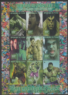 Chad 2018 Tribute to Stan Lee - Incredible Hulk perf sheetlet containing 9 values unmounted mint. Note this item is privately produced and is offered purely on its thematic appeal.