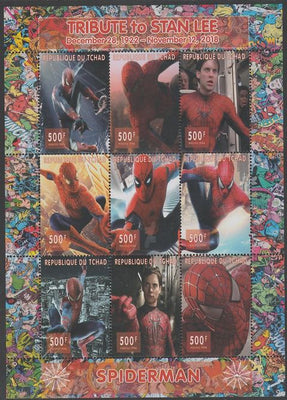 Chad 2018 Tribute to Stan Lee - Spiderman perf sheetlet containing 9 values unmounted mint. Note this item is privately produced and is offered purely on its thematic appeal.
