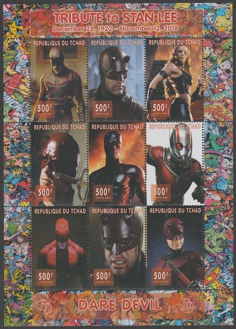 Chad 2018 Tribute to Stan Lee - Dare Fevil perf sheetlet containing 9 values unmounted mint. Note this item is privately produced and is offered purely on its thematic appeal.
