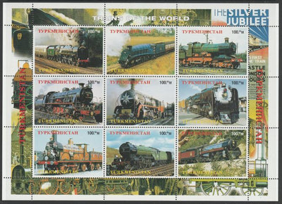Turkmenistan 1999? Steam Locomotives of the World perf sheetlet containing complete set of 9 values unmounted mint. Note this item is privately produced and is offered purely on its thematic appeal, it has no postal validity