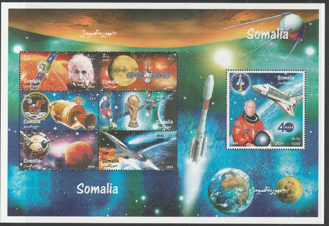 Somalia 1999 Space perf sheetlet containing 7 values unmounted mint. Note this item is privately produced and is offered purely on its thematic appeal, it has no postal validity