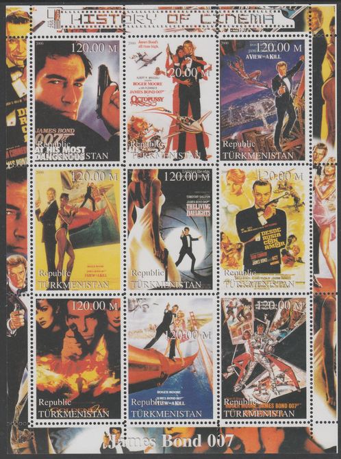 Turkmenistan 2000 History of the Cinema - James Bond perf sheetlet containing 9 values unmounted mint. Note this item is privately produced and is offered purely on its thematic appeal, it has no postal validity