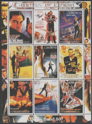Turkmenistan 2000 History of the Cinema - James Bond perf sheetlet containing 9 values unmounted mint. Note this item is privately produced and is offered purely on its thematic appeal, it has no postal validity