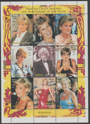 Somalia 2002 Fifth Death Anniversary of Princess Diana perf sheetlet containing 9 values unmounted mint. Note this item is privately produced and is offered purely on its thematic appeal, it has no postal validity