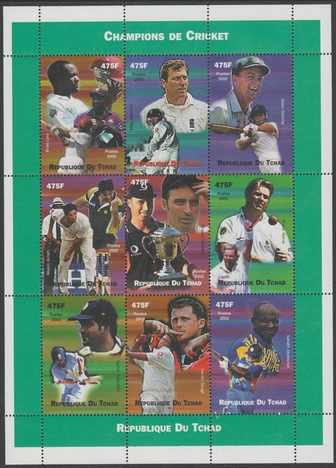 Chad 2002 Cricket Champions perf sheetlet containing 9 values unmounted mint. Note this item is privately produced and is offered purely on its thematic appeal, it has no postal validity