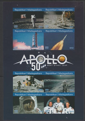 Madagascar 2019 Fifty Years of Apollo imperf sheetlet containing 8 values unmounted mint. Note this item is privately produced and is offered purely on its thematic appeal, it has no postal validity