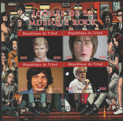 Chad 2020 Rock Music Icons of the Twentieth Century - Bowie, Lennon, Jagger & R Daltrey perf sheetlet containing 4 values unmounted mint.