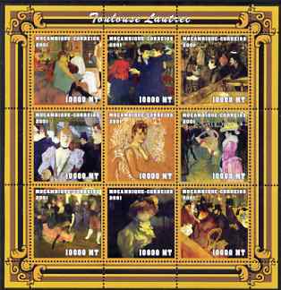 Mozambique 2001 Paintings by Toulouse Lautrec perf sheetlet containing 9 values unmounted mint (9 x 10,000 MT) Mi 2052-60, Sc 1487