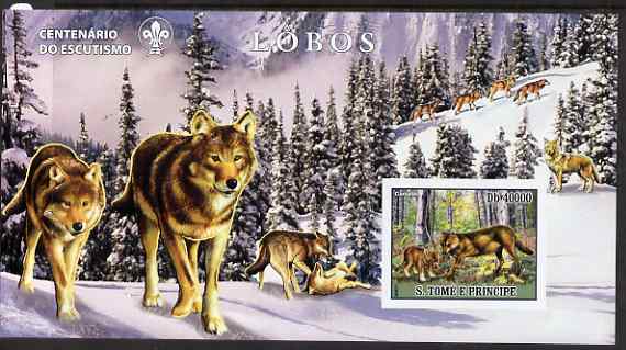 St Thomas & Prince Islands 2007 Wolves large imperf s/sheet containing 1 value (Scout logo in background) unmounted mint