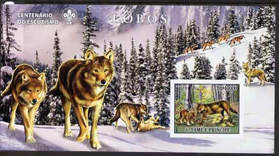 St Thomas & Prince Islands 2007 Wolves large imperf s/sheet containing 1 value (Scout logo in background) unmounted mint