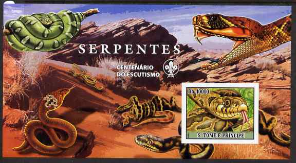 St Thomas & Prince Islands 2007 Snakes large imperf s/sheet containing 1 value (Scout logo in background) unmounted mint