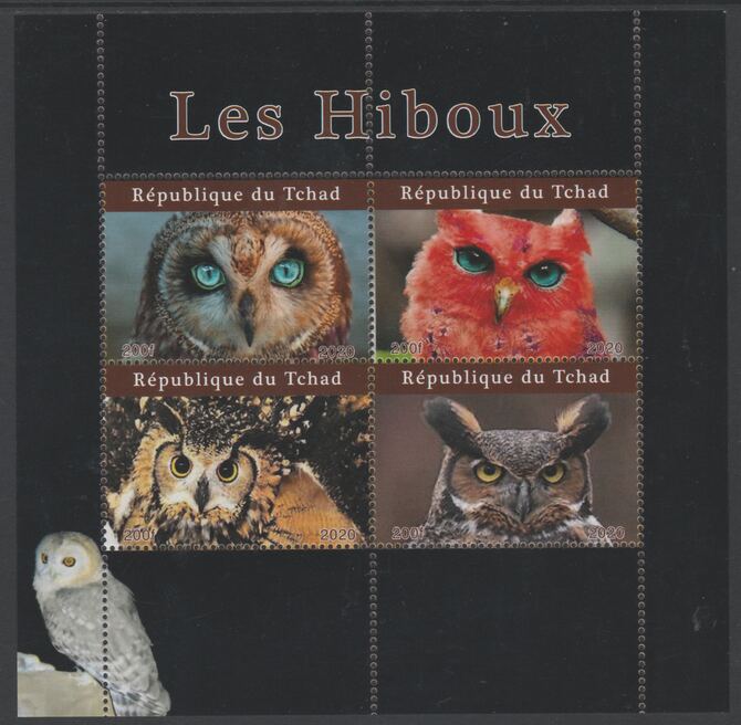 Chad 2020 Birds - Owls perf sheetlet containing 4 values unmounted mint. Note this item is privately produced and is offered purely on its thematic appeal