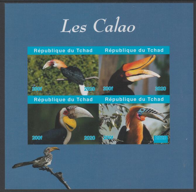 Chad 2020 Birds - Hornbills imperf sheetlet containing 4 values unmounted mint. Note this item is privately produced and is offered purely on its thematic appeal