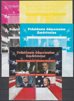 Madagascar 2020 US Presidents - Kennedy, Clinton, LBJ & FD Roosevelt - imperf set of 5 progressive sheets comprising the 4 individual colours and completed design unmounted mint. Note this item is privately produced and is offered……Details Below