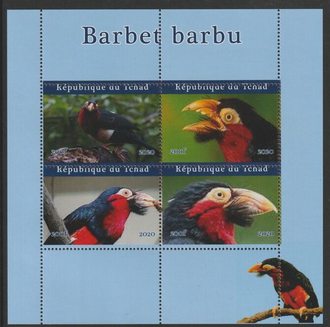 Chad 2020 Birds - Barbet barbu perf sheetlet containing 4 values unmounted mint. Note this item is privately produced and is offered purely on its thematic appeal