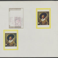 Oman 1972 Classic Paintings imperf proof #1 containing two partial impressions of 0.5b The Jolly Toper by Frans Hals plus a partial impression of 15b The Young Bull by Paulus Potter, most unusual