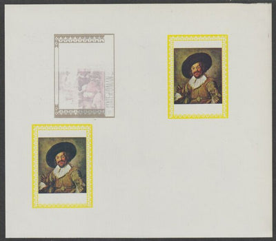 Oman 1972 Classic Paintings imperf proof #1 containing two partial impressions of 0.5b The Jolly Toper by Frans Hals plus a partial impression of 15b The Young Bull by Paulus Potter, most unusual