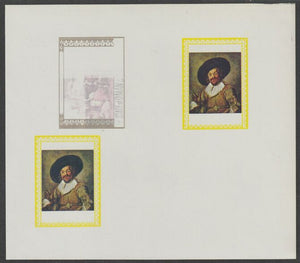 Oman 1972 Classic Paintings imperf proof #1 containing two partial impressions of 0.5b The Jolly Toper by Frans Hals plus a partial impression of 15b The Young Bull by Paulus Potter, most unusual