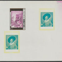 Oman 1972 Classic Paintings imperf proof #2 containing two partial impressions of 0.5b The Jolly Toper by Frans Hals plus a partial impression of 15b The Young Bull by Paulus Potter, most unusual